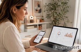 Eine Frau checkt die Kontodaten auf dem Laptop und dem Smartphone.