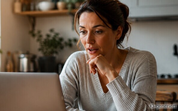 Eine Frau schaut überrascht auf ihren Laptop, während sie ihre Finanzen checkt.