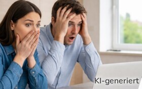 Ein erschrockenes Paar schaut auf den Display seines Laptops.