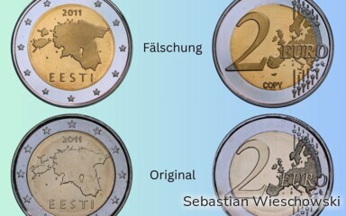 Im Bild zu sehen ist die 2-Euro-Münze aus Estland als Fälschung und Original.