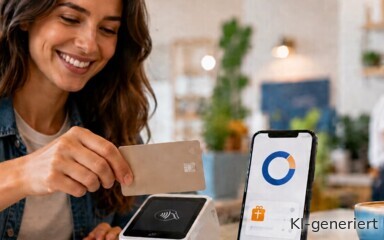 Eine Frau bezahlt über ein SumUp-Terminal und erhält Cashback.