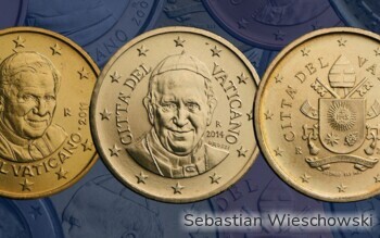 Papst Benedikt, Papst Franziskus und das päpstliche Wappen.
Die 50-Cent-Münzen mit Papst Benedikt wurden von 2006 bis 2013 geprägt - die Jahrgänge von 2010 bis 2013 sogar in hoher Auflage von 1,6 bis 2,1 Millionen Stück als Wechselgeld für die Geschäfte im Vatikan.