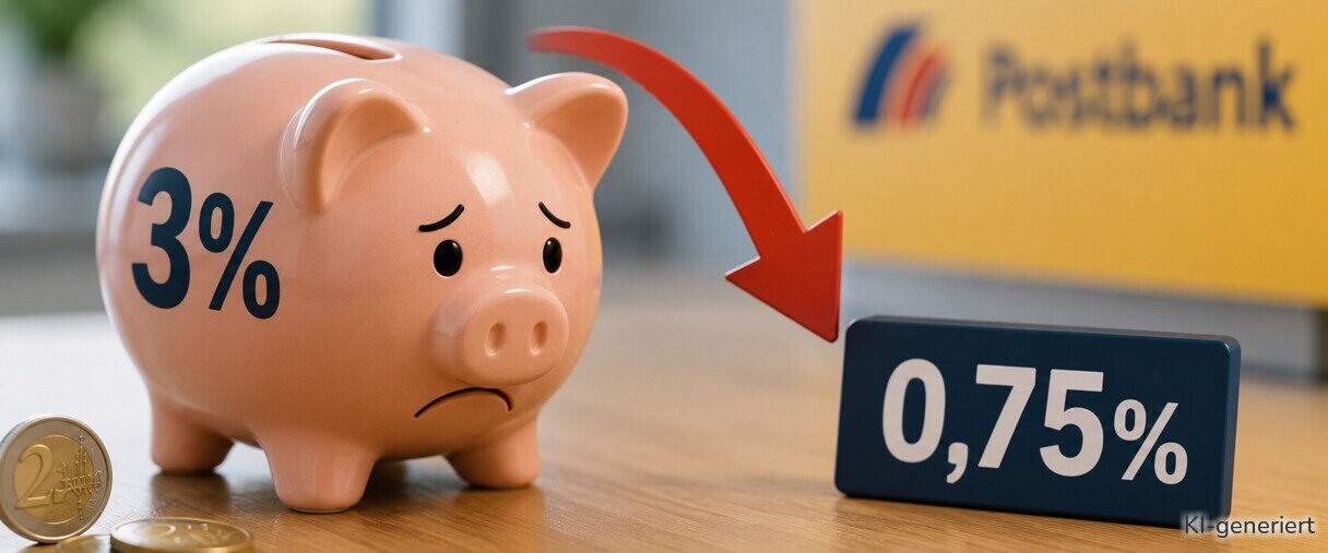 Der Aktionszins der Postbank von 3 % fällt am 11. Mai 2026 auf 0,75 %.