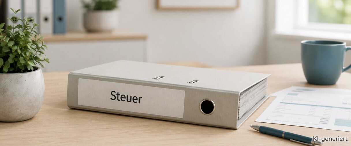 Ein Ordner mit der Aufschrift "Steuer" liegt auf dem Tisch.