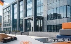 Ein Bankgebäude und Akten im Vordergrund.