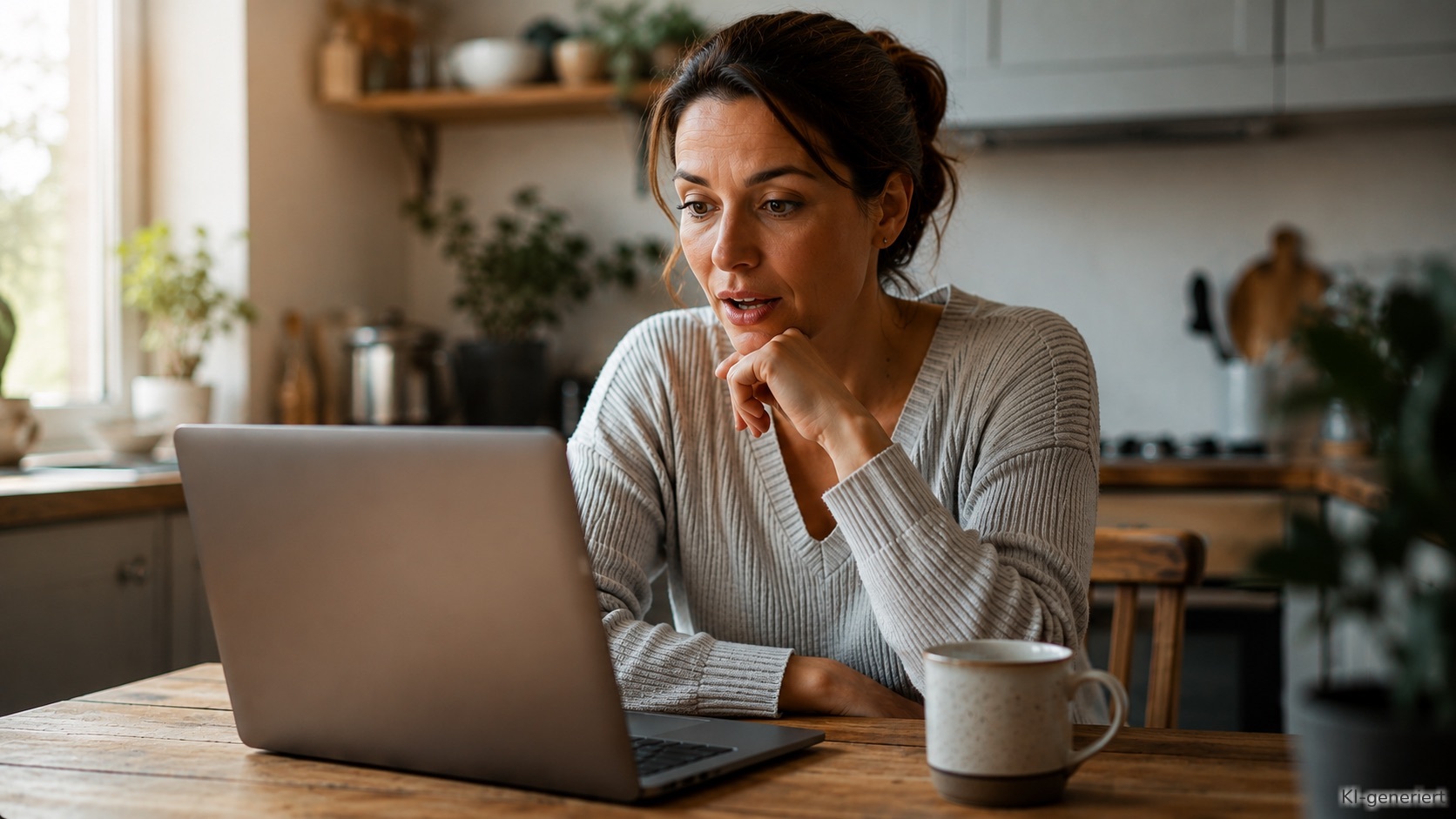 Eine Frau schaut überrascht auf ihren Laptop, während sie ihre Finanzen checkt.