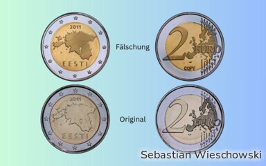 Im Bild zu sehen ist die 2-Euro-Münze aus Estland als Fälschung und Original.