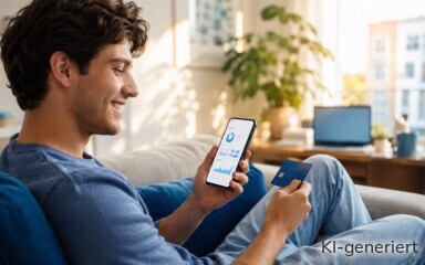 Ein junger Mann freut sich über die Karte und was er in seiner Banking-App auf dem Smartphone sieht.