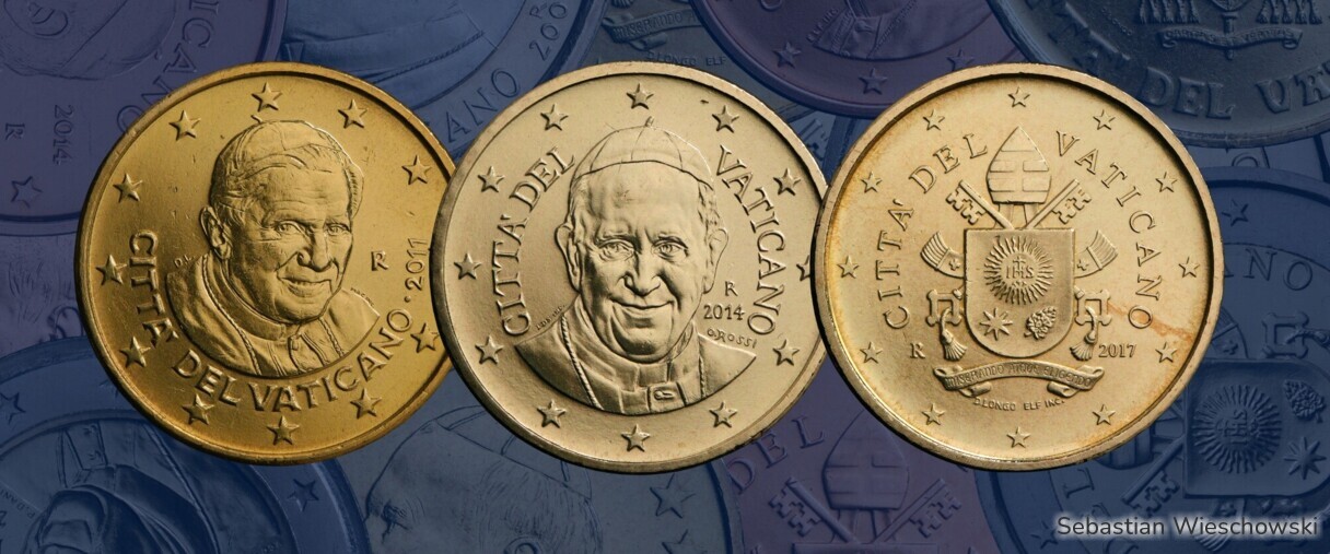 Papst Benedikt, Papst Franziskus und das päpstliche Wappen.
Die 50-Cent-Münzen mit Papst Benedikt wurden von 2006 bis 2013 geprägt - die Jahrgänge von 2010 bis 2013 sogar in hoher Auflage von 1,6 bis 2,1 Millionen Stück als Wechselgeld für die Geschäfte im Vatikan.