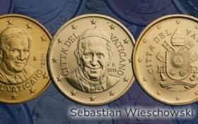 Papst Benedikt, Papst Franziskus und das päpstliche Wappen.
Die 50-Cent-Münzen mit Papst Benedikt wurden von 2006 bis 2013 geprägt - die Jahrgänge von 2010 bis 2013 sogar in hoher Auflage von 1,6 bis 2,1 Millionen Stück als Wechselgeld für die Geschäfte im Vatikan.