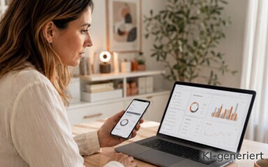 Eine Frau checkt die Kontodaten auf dem Laptop und dem Smartphone.