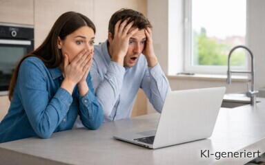 Ein erschrockenes Paar schaut auf den Display seines Laptops.