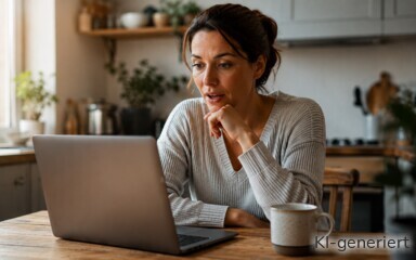 Eine Frau schaut überrascht auf ihren Laptop, während sie ihre Finanzen checkt.