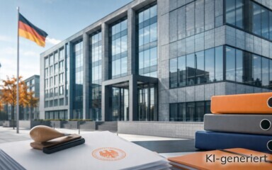 Ein Bankgebäude und Akten im Vordergrund.