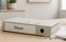 Ein Ordner mit der Aufschrift "Steuer" liegt auf dem Tisch.
