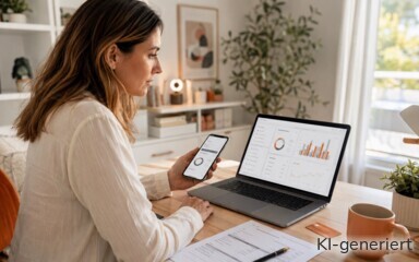 Eine Frau checkt die Kontodaten auf dem Laptop und dem Smartphone.