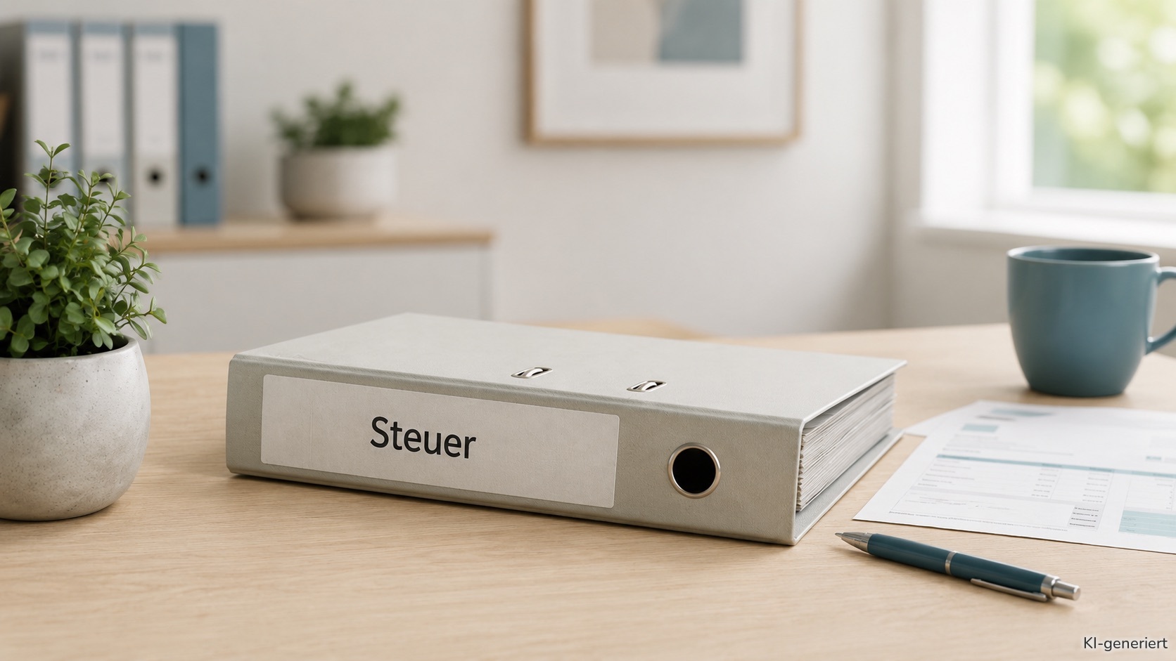 Ein Ordner mit der Aufschrift "Steuer" liegt auf dem Tisch.