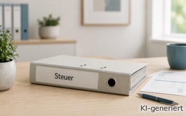 Ein Ordner mit der Aufschrift "Steuer" liegt auf dem Tisch.