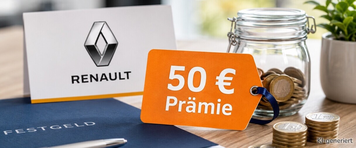 Die Renault Bank zahlt beim Festgeld in der Sommeraktion 2026 bis zu 50 Euro Prämie.