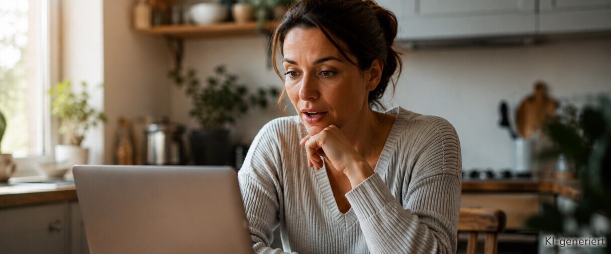 Eine Frau schaut überrascht auf ihren Laptop, während sie ihre Finanzen checkt.
