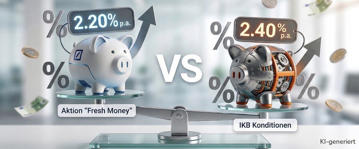 Wir vergleichen das Festgeld der Deutschen Bank mit dem der IKB bei 12 Monaten Laufzeit.