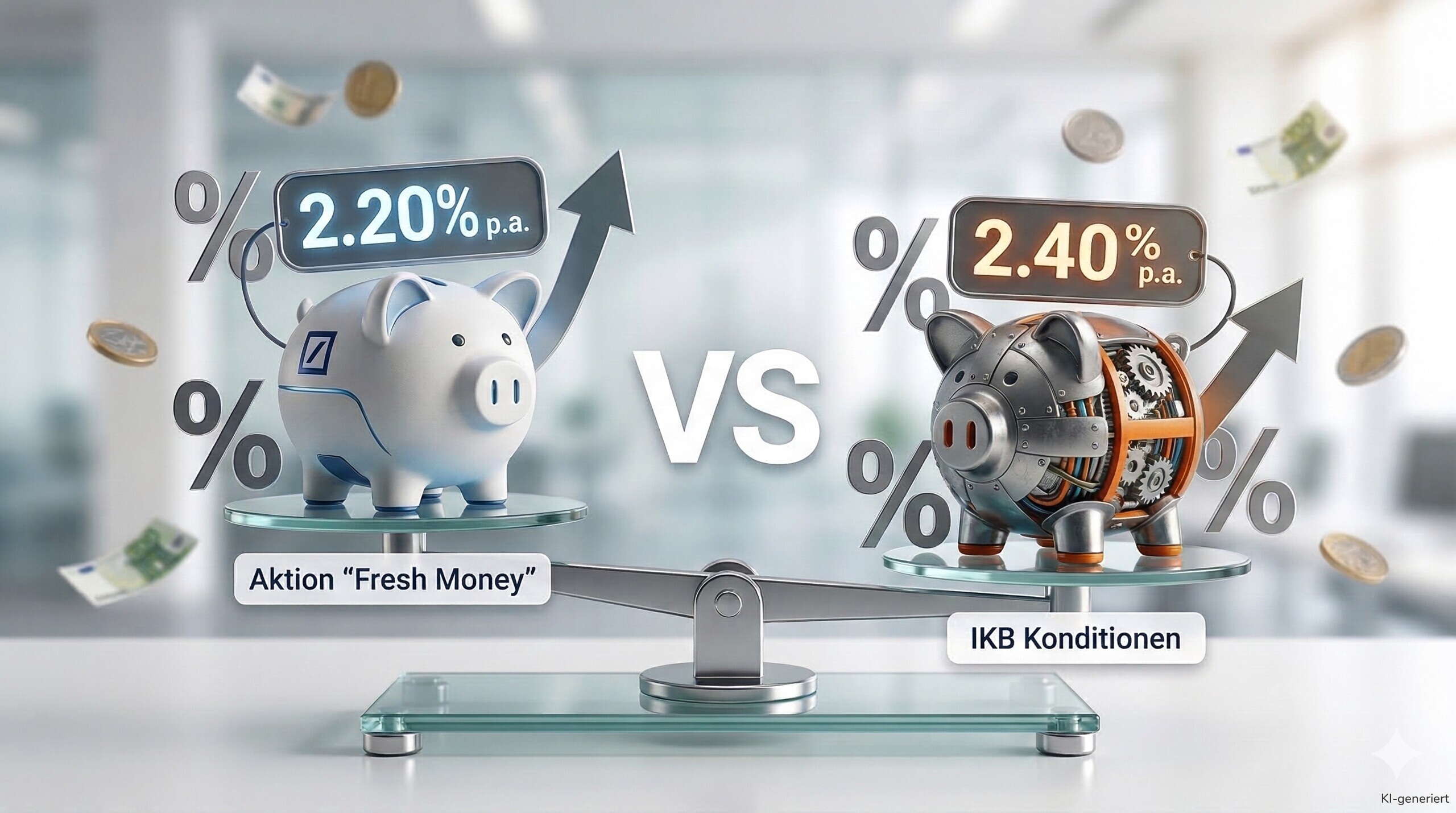 Wir vergleichen das Festgeld der Deutschen Bank mit dem der IKB bei 12 Monaten Laufzeit.