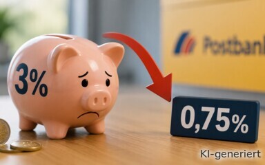 Der Aktionszins der Postbank von 3 % fällt am 11. Mai 2026 auf 0,75 %.