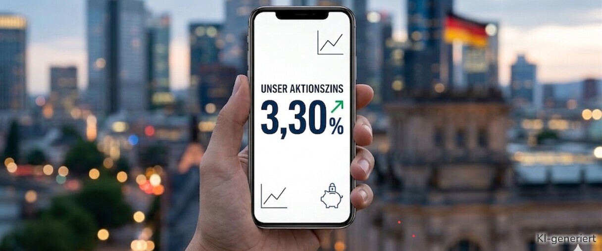 Ein aktueller Aktionszins liegt bei 3,30 % und die Bank bietet eine deutsche Einlagensicherung.