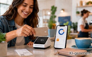 Eine Frau bezahlt über ein SumUp-Terminal und erhält Cashback.