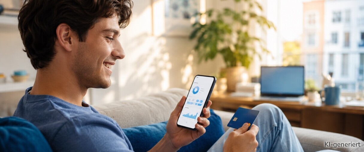 Ein junger Mann freut sich über die Karte und was er in seiner Banking-App auf dem Smartphone sieht.