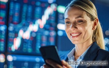 Frau mit einem Smartphone. Im Hintergrund stilisierte Börsengrafiken.