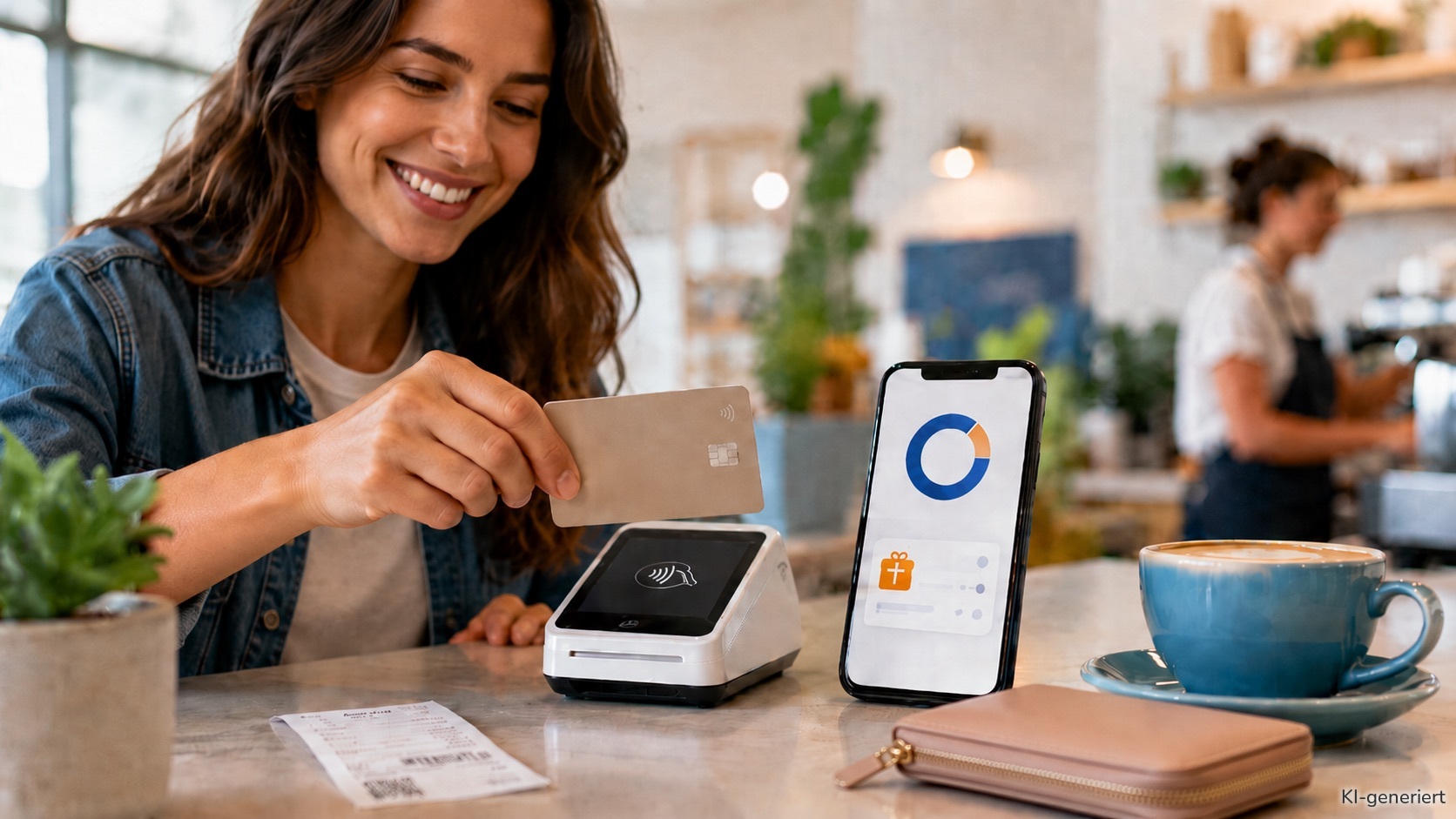 Eine Frau bezahlt über ein SumUp-Terminal und erhält Cashback.