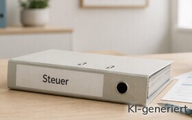 Ein Ordner mit der Aufschrift "Steuer" liegt auf dem Tisch.