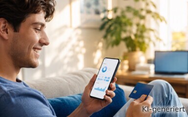 Ein junger Mann freut sich über die Karte und was er in seiner Banking-App auf dem Smartphone sieht.