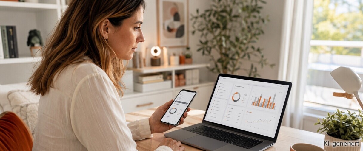 Eine Frau checkt die Kontodaten auf dem Laptop und dem Smartphone.