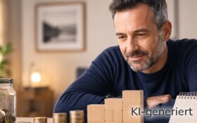 Ein Mann schaut sich die ersparten Beträge an.