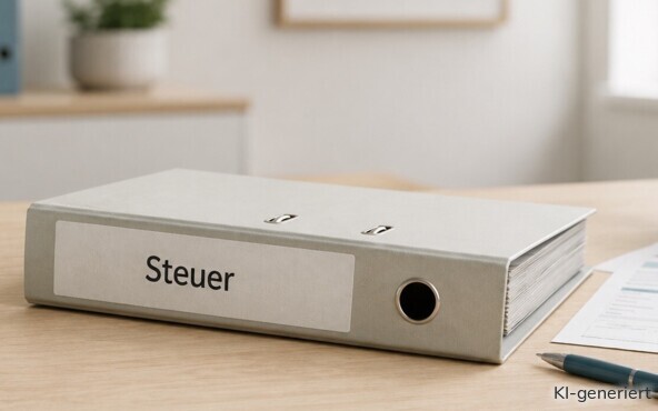 Ein Ordner mit der Aufschrift "Steuer" liegt auf dem Tisch.
