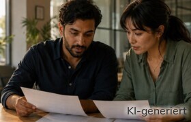 Ein Mann und eine Frau sitzen über Unterlagen.
