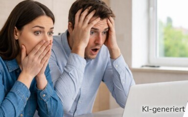 Ein erschrockenes Paar schaut auf den Display seines Laptops.