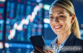 Frau mit einem Smartphone. Im Hintergrund stilisierte Börsengrafiken.