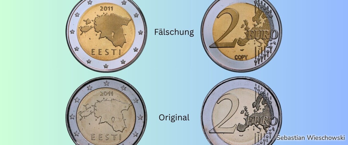 Im Bild zu sehen ist die 2-Euro-Münze aus Estland als Fälschung und Original.