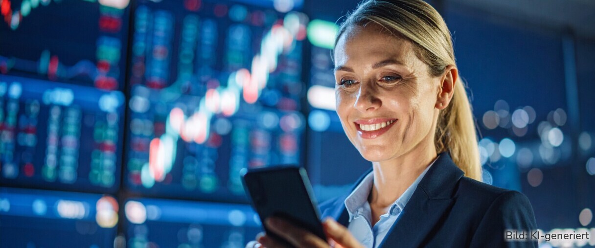 Frau mit einem Smartphone. Im Hintergrund stilisierte Börsengrafiken.