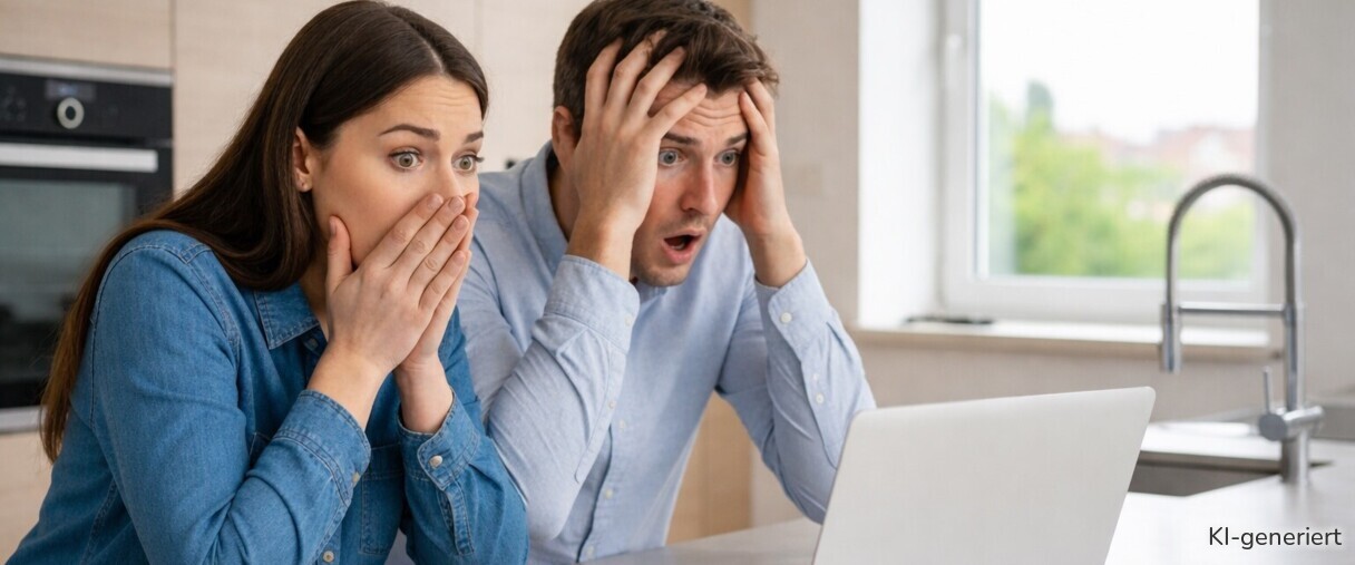 Ein erschrockenes Paar schaut auf den Display seines Laptops.