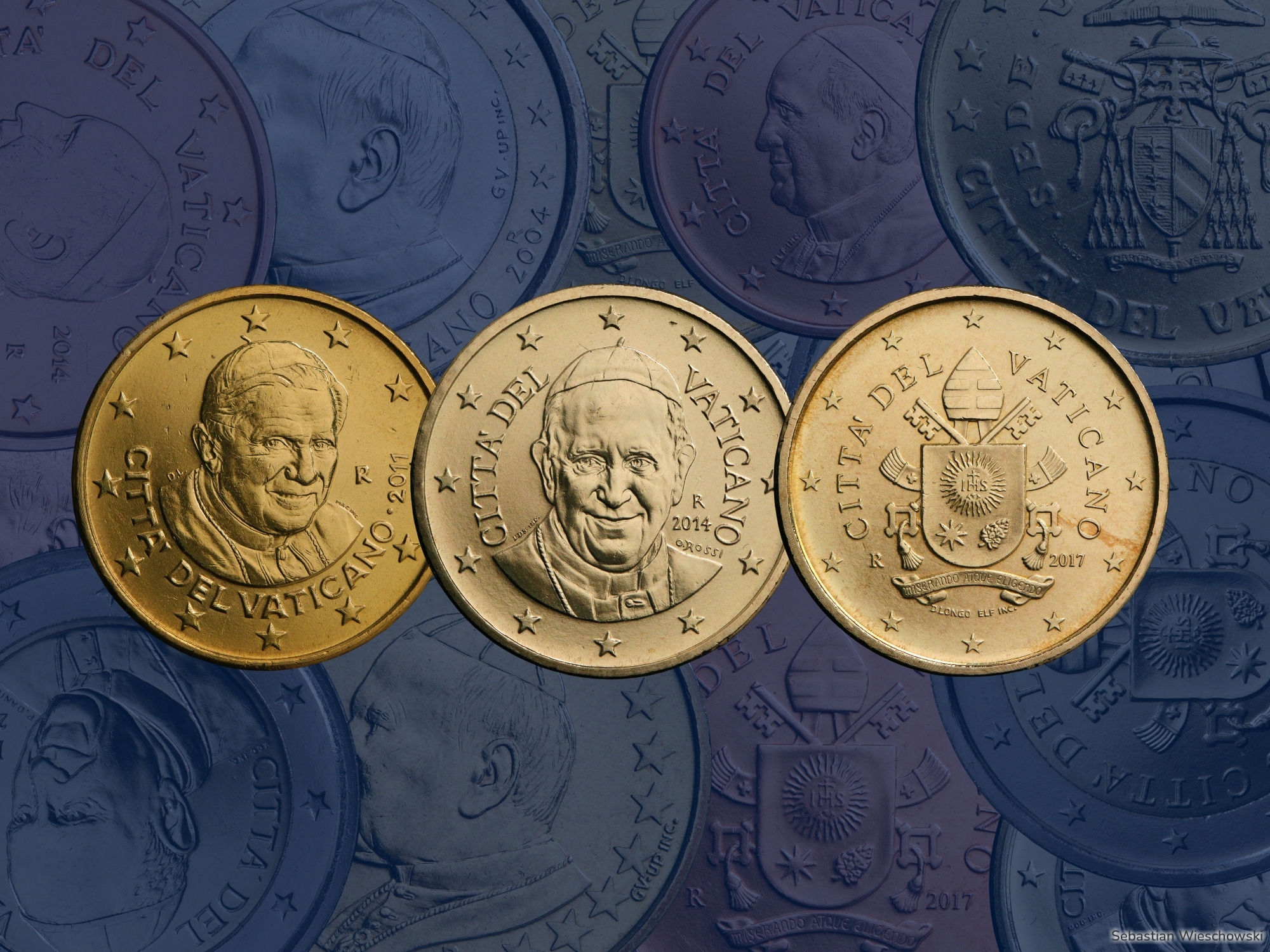Papst Benedikt, Papst Franziskus und das päpstliche Wappen.
Die 50-Cent-Münzen mit Papst Benedikt wurden von 2006 bis 2013 geprägt - die Jahrgänge von 2010 bis 2013 sogar in hoher Auflage von 1,6 bis 2,1 Millionen Stück als Wechselgeld für die Geschäfte im Vatikan.