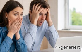 Ein erschrockenes Paar schaut auf den Display seines Laptops.