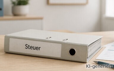 Ein Ordner mit der Aufschrift "Steuer" liegt auf dem Tisch.