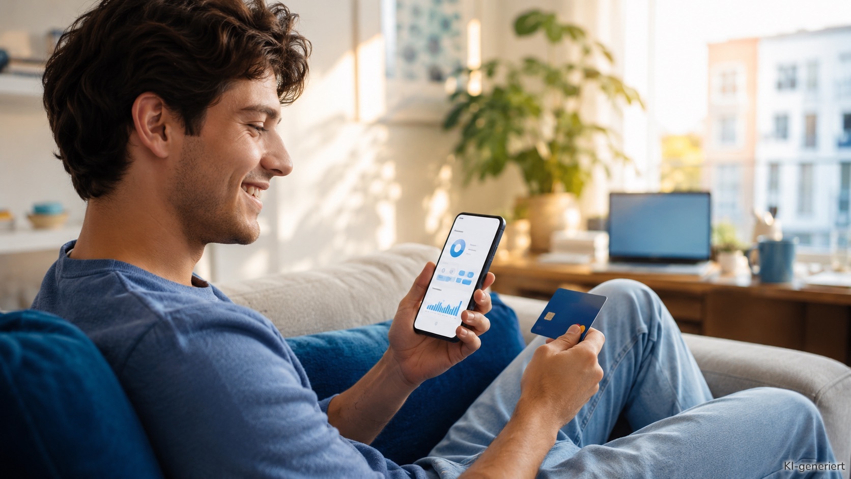 Ein junger Mann freut sich über die Karte und was er in seiner Banking-App auf dem Smartphone sieht.
