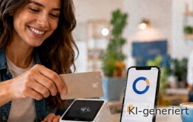 Eine Frau bezahlt über ein SumUp-Terminal und erhält Cashback.