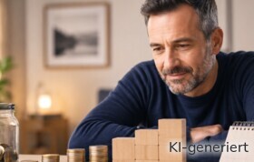 Ein Mann schaut sich die ersparten Beträge an.