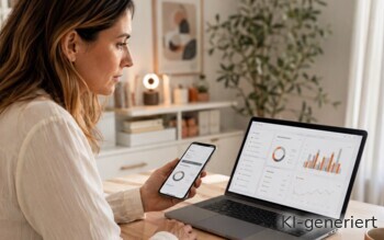 Eine Frau checkt die Kontodaten auf dem Laptop und dem Smartphone.